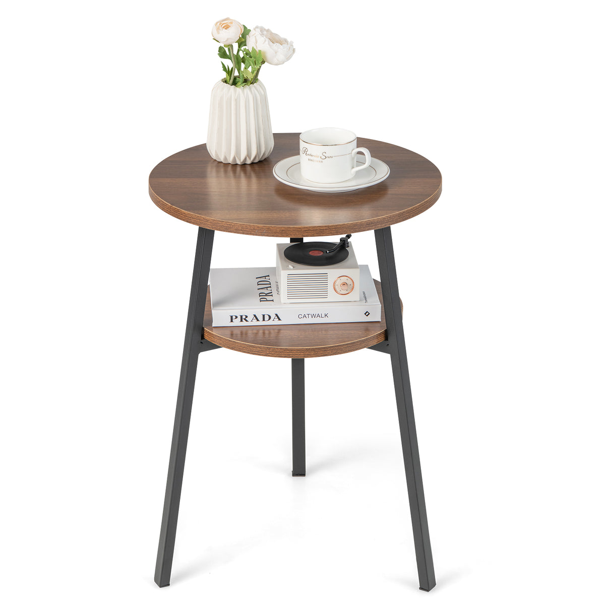 2-Tier Round End Table with Open Shelf and Triangular Metal Frame-Walnut-End & Side Tables-DECOROLALA