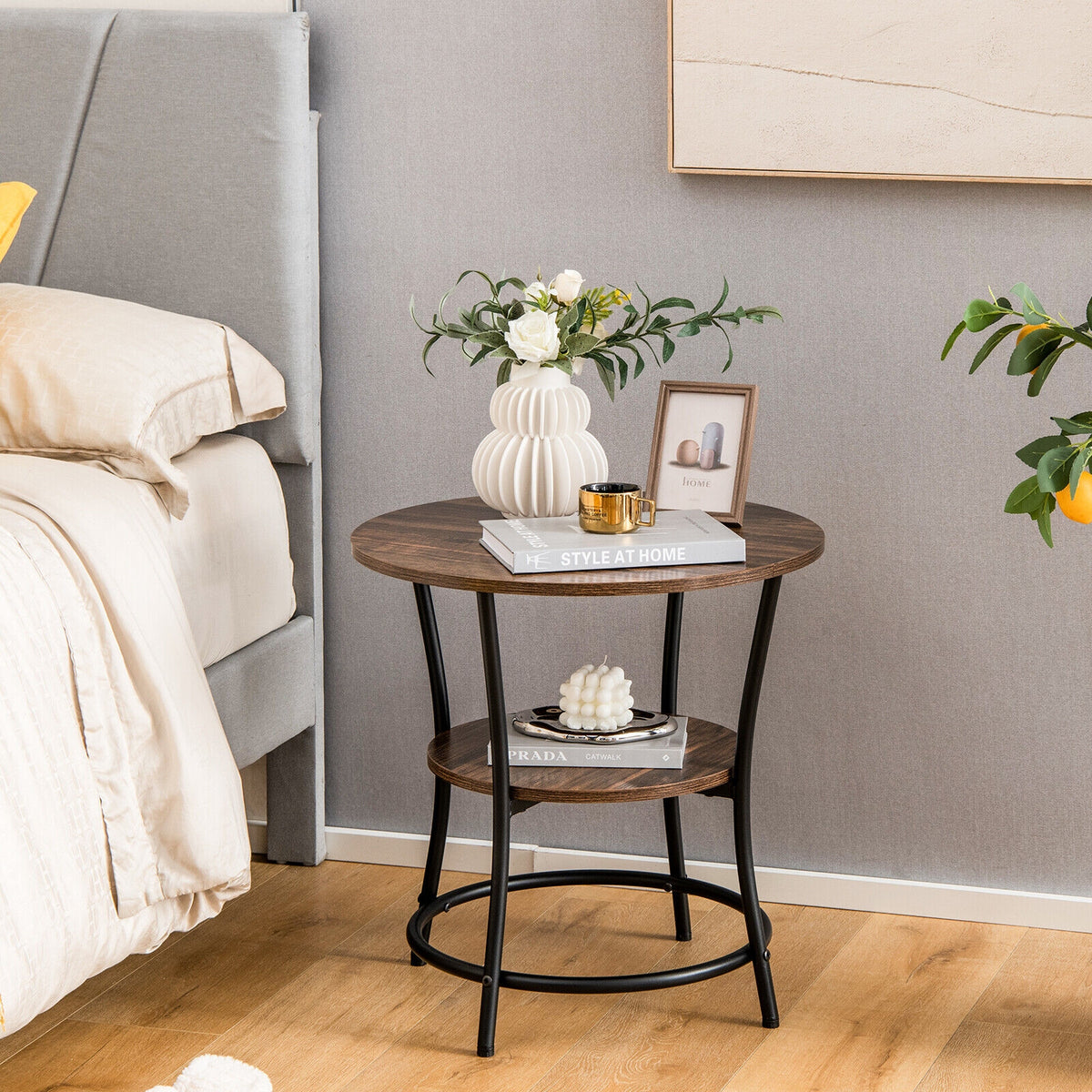 2-Tier Round End Table with Open Storage Shelf and Sturdy Metal Frame-Brown-End & Side Tables-DECOROLALA