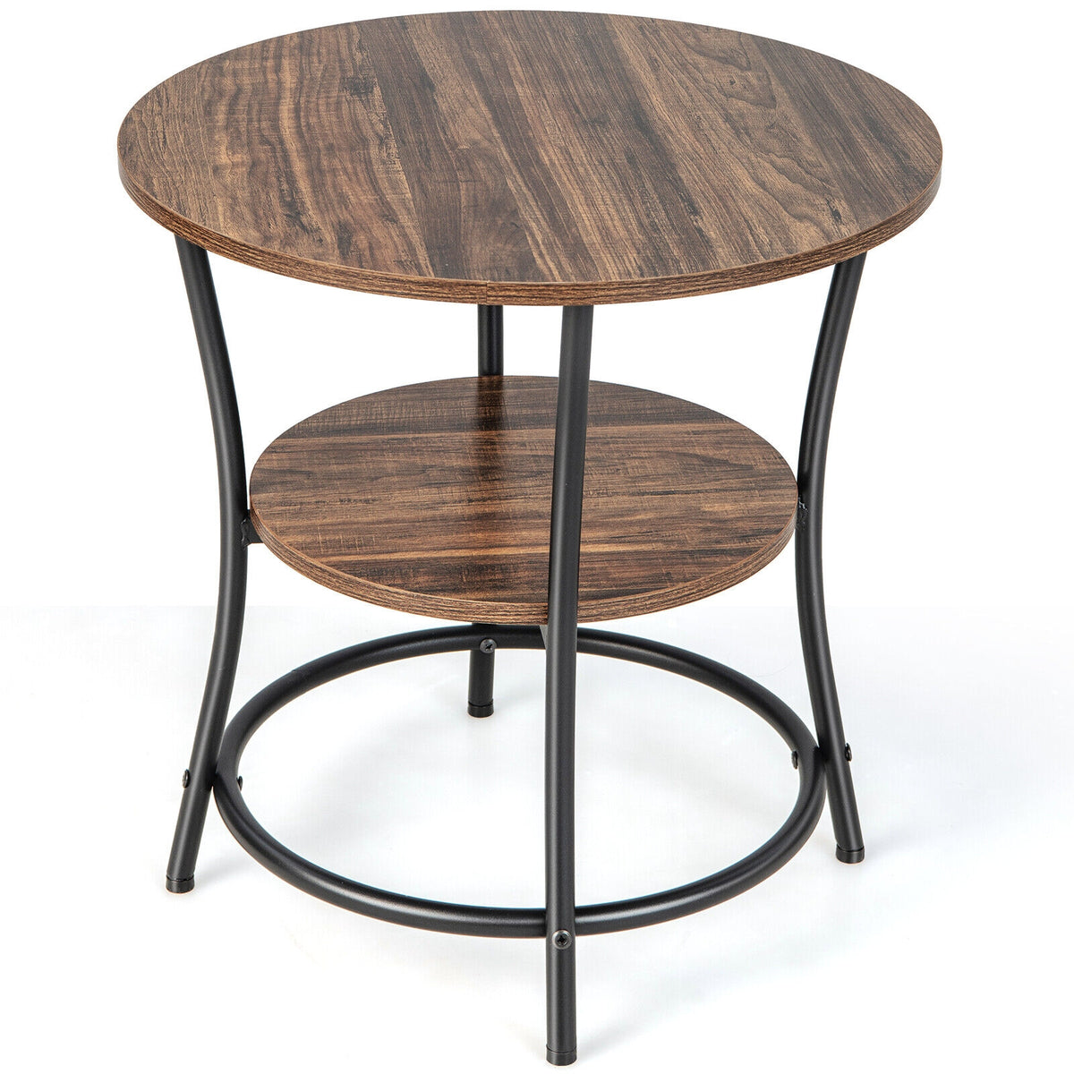2-Tier Round End Table with Open Storage Shelf and Sturdy Metal Frame-Brown-End & Side Tables-DECOROLALA