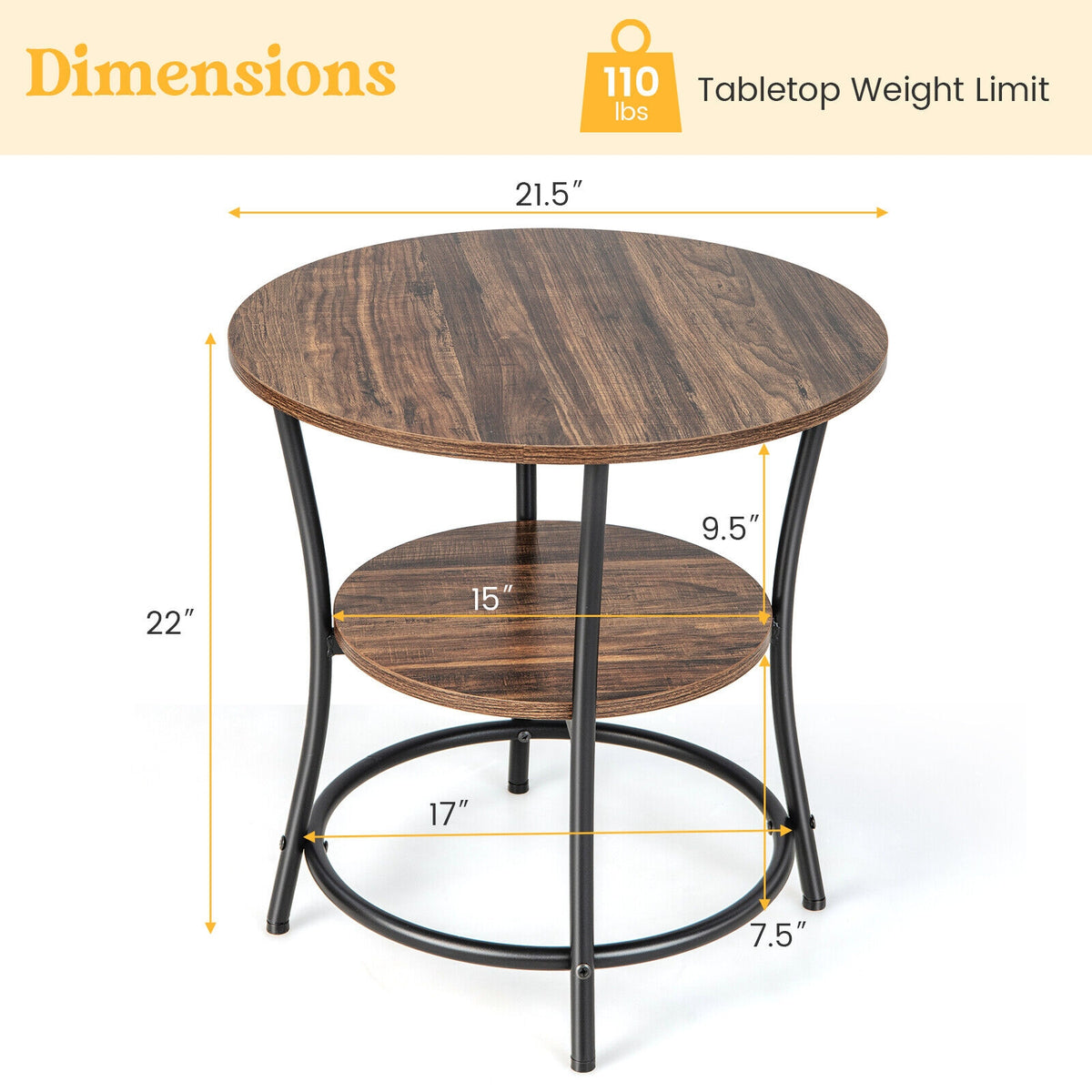 2-Tier Round End Table with Open Storage Shelf and Sturdy Metal Frame-Brown-End & Side Tables-DECOROLALA