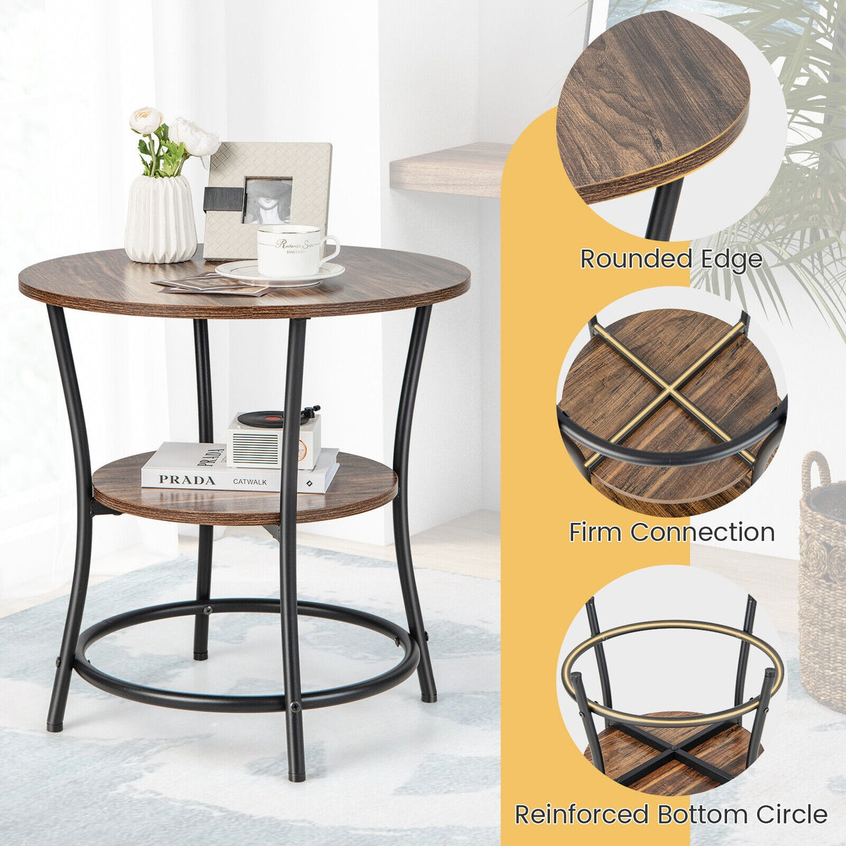2-Tier Round End Table with Open Storage Shelf and Sturdy Metal Frame-Brown-End & Side Tables-DECOROLALA