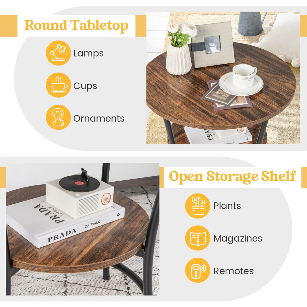 2-Tier Round End Table with Open Storage Shelf and Sturdy Metal Frame-Brown-End & Side Tables-DECOROLALA