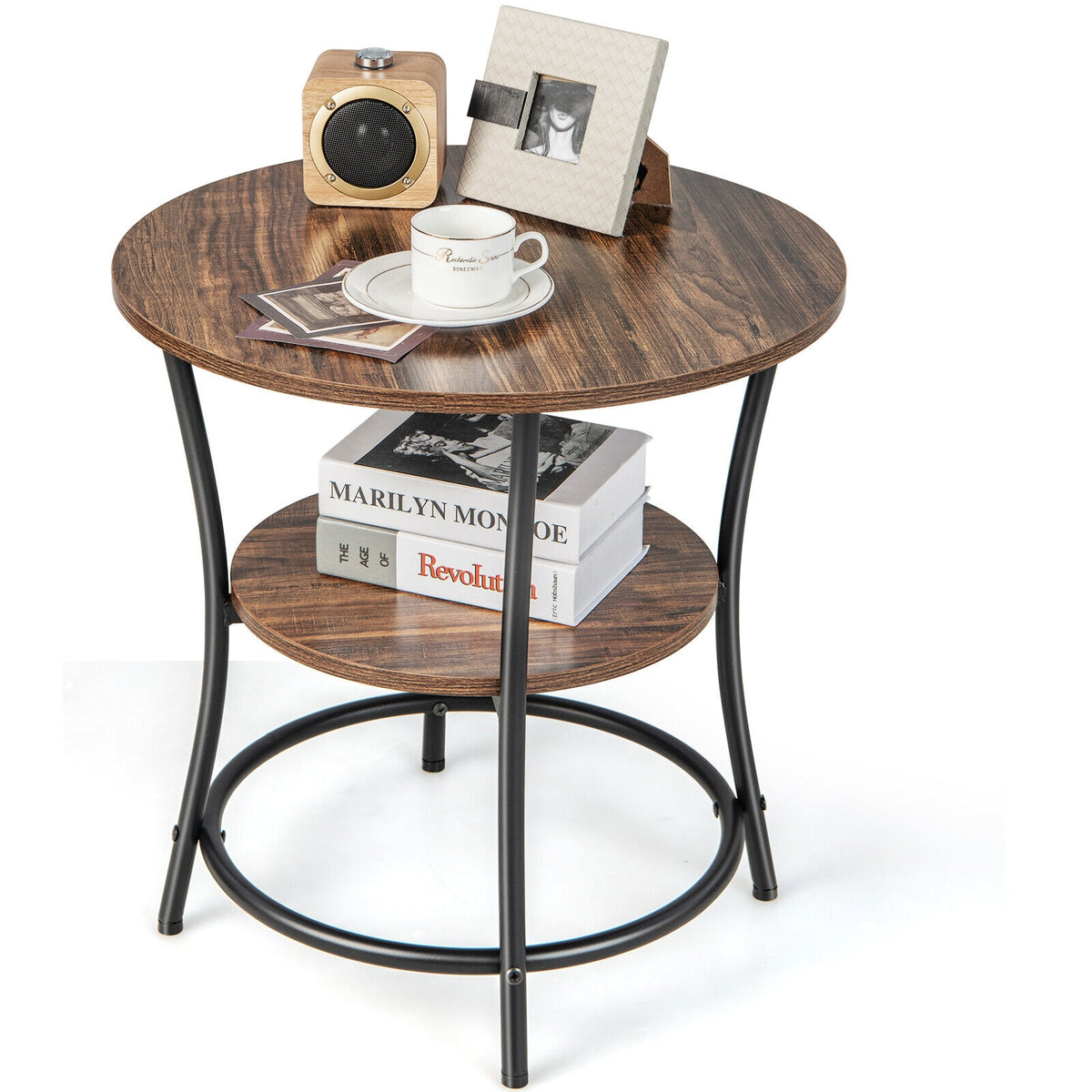 2-Tier Round End Table with Open Storage Shelf and Sturdy Metal Frame-Brown-End & Side Tables-DECOROLALA