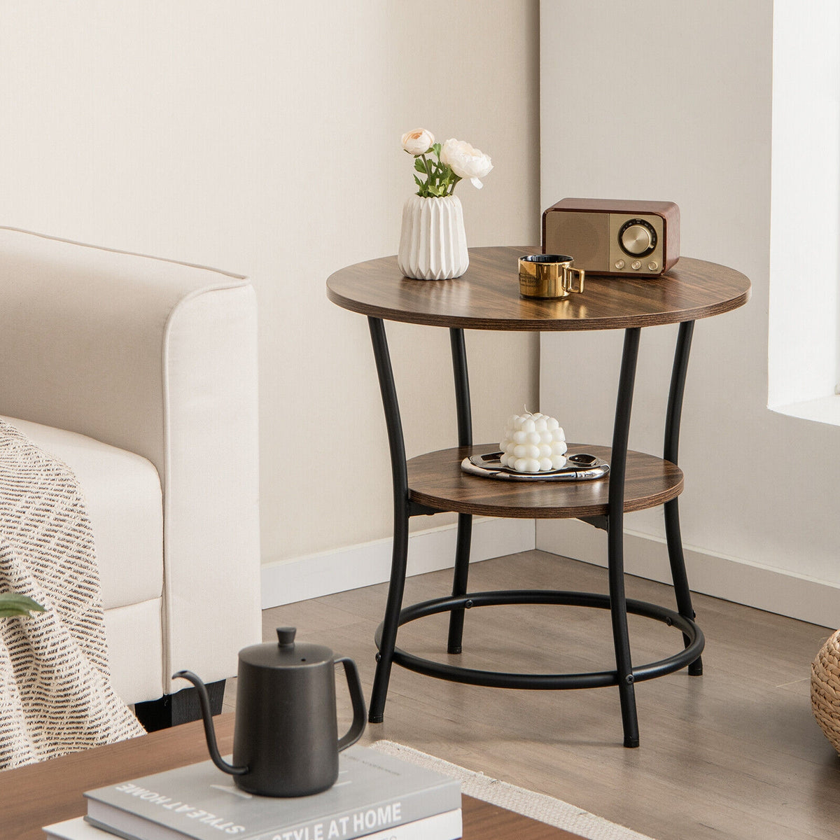 2-Tier Round End Table with Open Storage Shelf and Sturdy Metal Frame-Brown-End & Side Tables-DECOROLALA