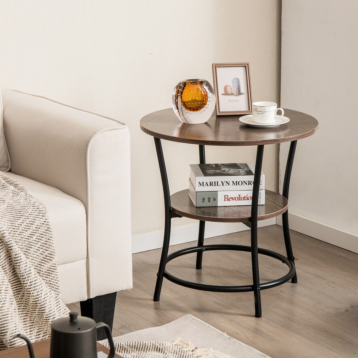2-Tier Round End Table with Open Storage Shelf and Sturdy Metal Frame-Natural-End & Side Tables-DECOROLALA