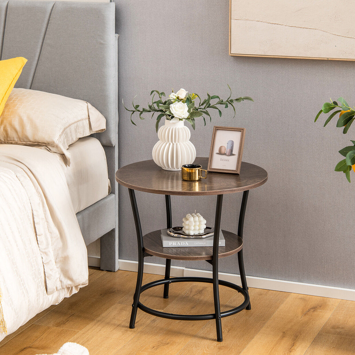 2-Tier Round End Table with Open Storage Shelf and Sturdy Metal Frame-Natural-End & Side Tables-DECOROLALA
