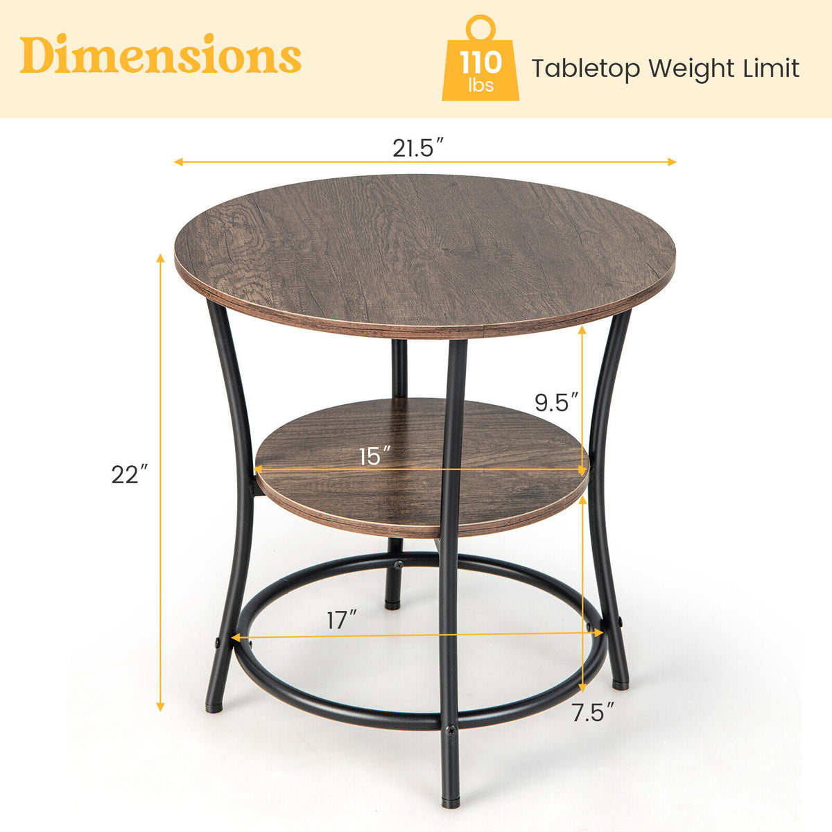 2-Tier Round End Table with Open Storage Shelf and Sturdy Metal Frame-Natural-End & Side Tables-DECOROLALA