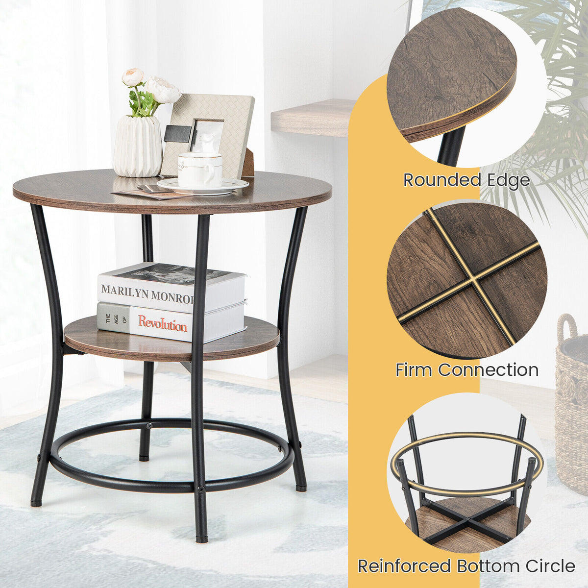 2-Tier Round End Table with Open Storage Shelf and Sturdy Metal Frame-Natural-End & Side Tables-DECOROLALA