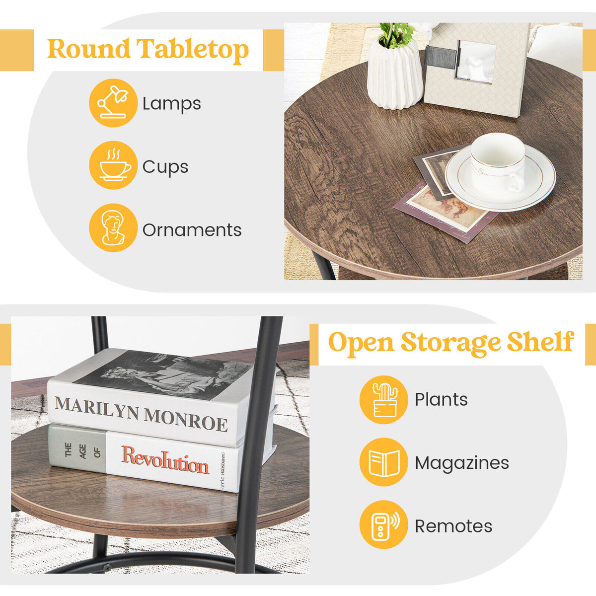 2-Tier Round End Table with Open Storage Shelf and Sturdy Metal Frame-Natural-End & Side Tables-DECOROLALA