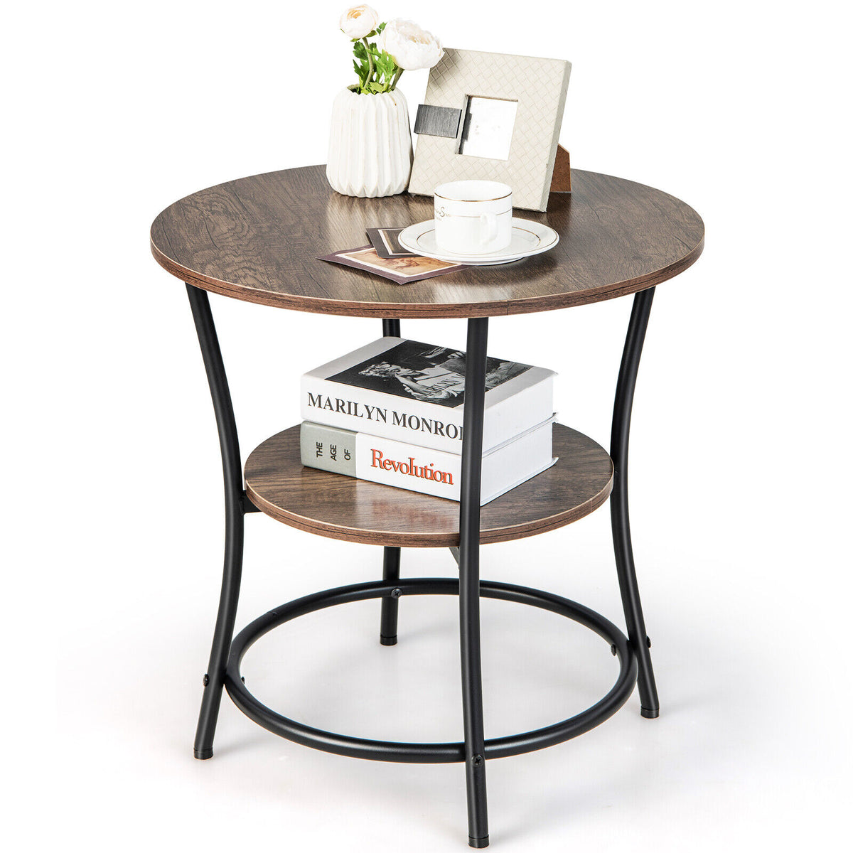 2-Tier Round End Table with Open Storage Shelf and Sturdy Metal Frame-Natural-End & Side Tables-DECOROLALA