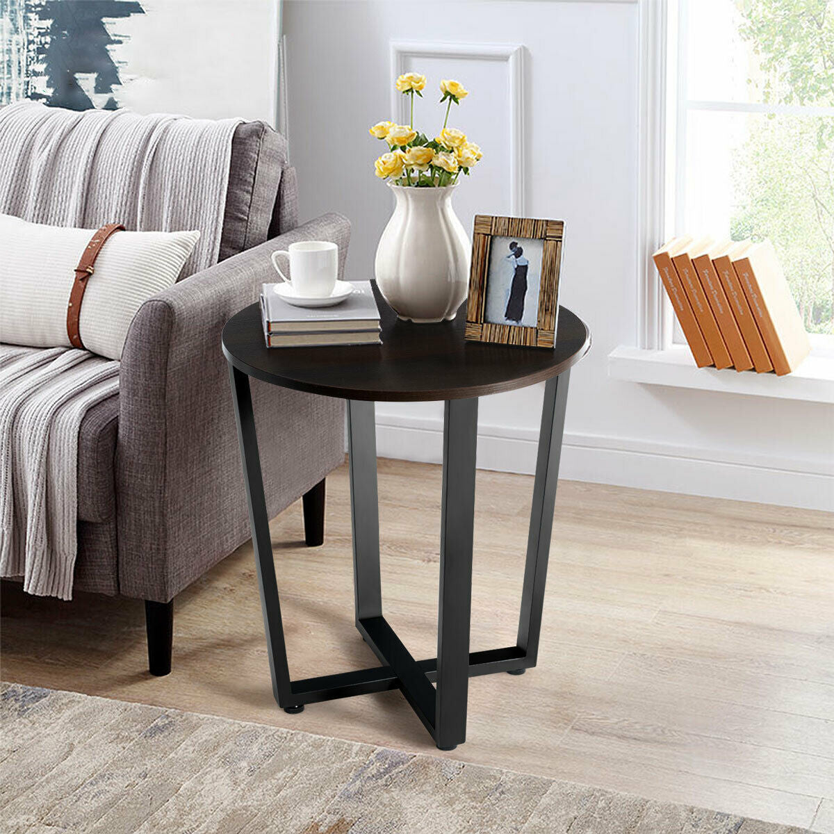 2-Tier Round End Table with Storage Shelf & Metal Frame-Walnut-End & Side Tables-DECOROLALA