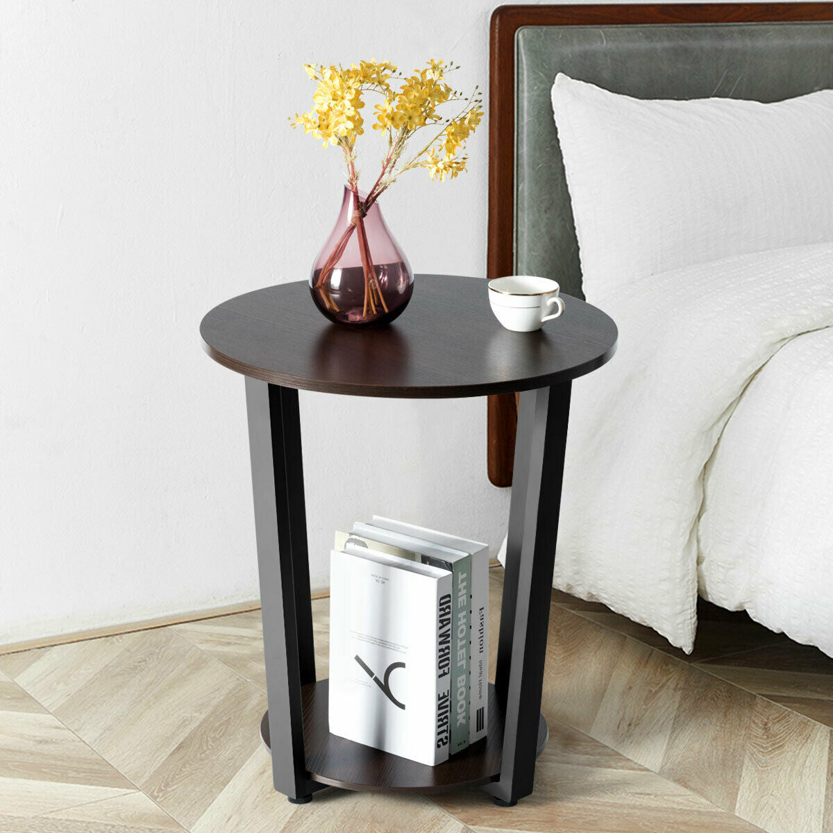 2-Tier Round End Table with Storage Shelf & Metal Frame-Walnut-End & Side Tables-DECOROLALA
