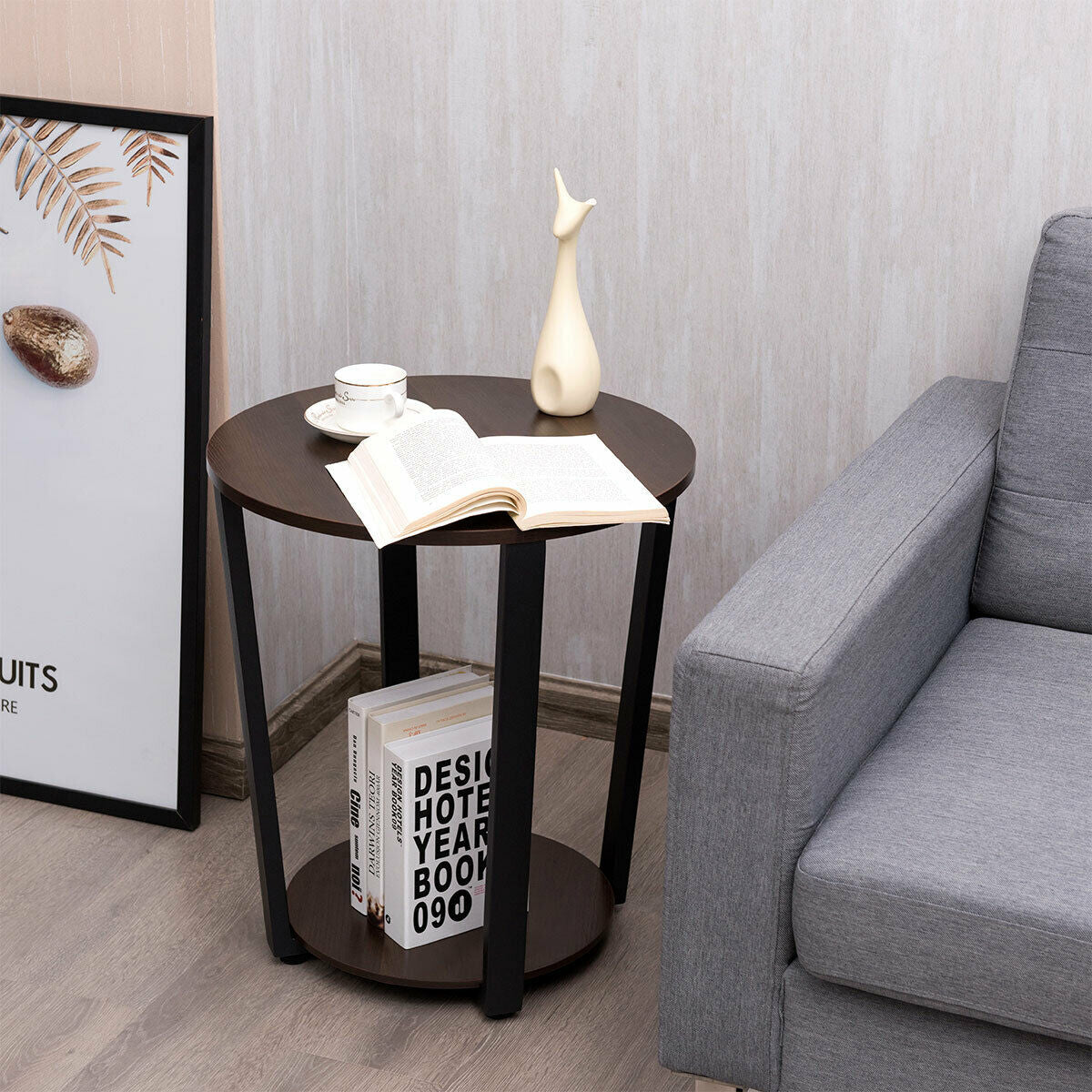 2-Tier Round End Table with Storage Shelf & Metal Frame-Walnut-End & Side Tables-DECOROLALA
