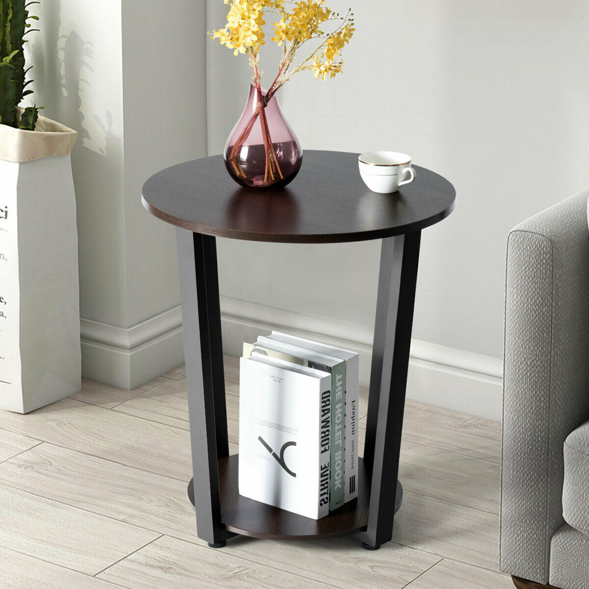2-Tier Round End Table with Storage Shelf & Metal Frame-Walnut-End & Side Tables-DECOROLALA