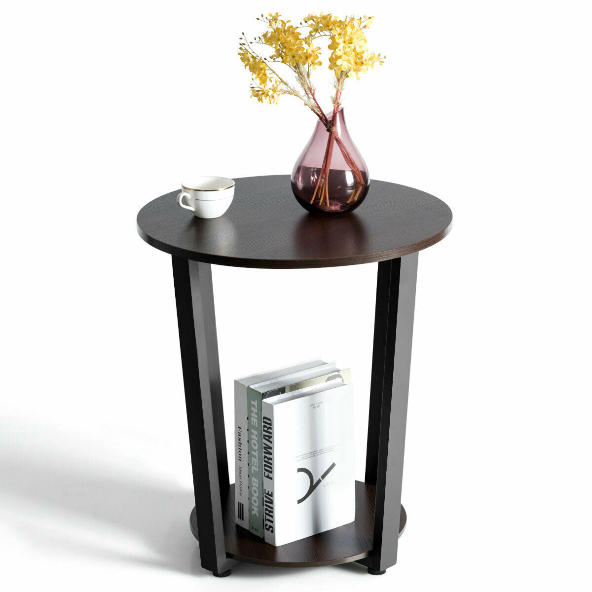2-Tier Round End Table with Storage Shelf & Metal Frame-Walnut-End & Side Tables-DECOROLALA
