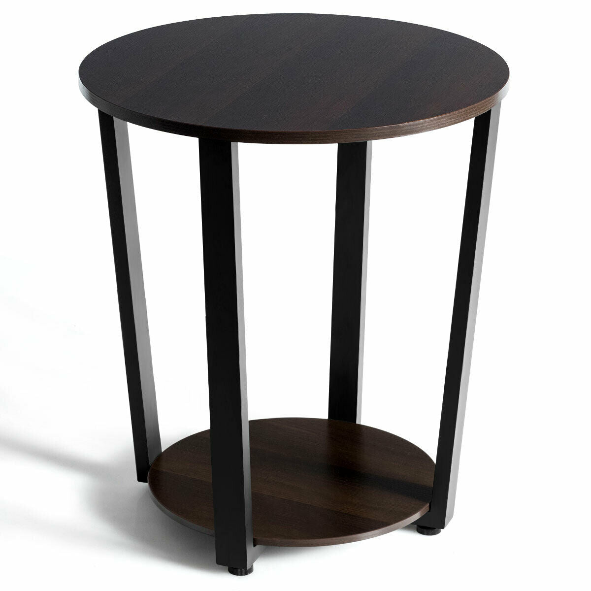 2-Tier Round End Table with Storage Shelf & Metal Frame-Walnut-End & Side Tables-DECOROLALA