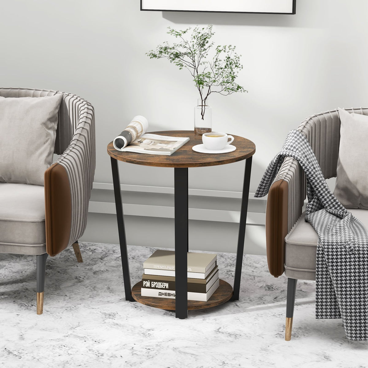 2-Tier Round End Table with Storage Shelf and Metal Frame-Brown-End & Side Tables-DECOROLALA