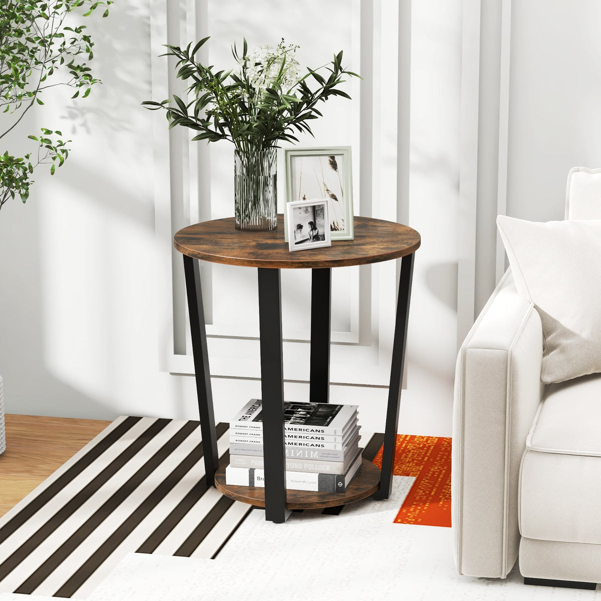 2-Tier Round End Table with Storage Shelf and Metal Frame-Brown-End & Side Tables-DECOROLALA