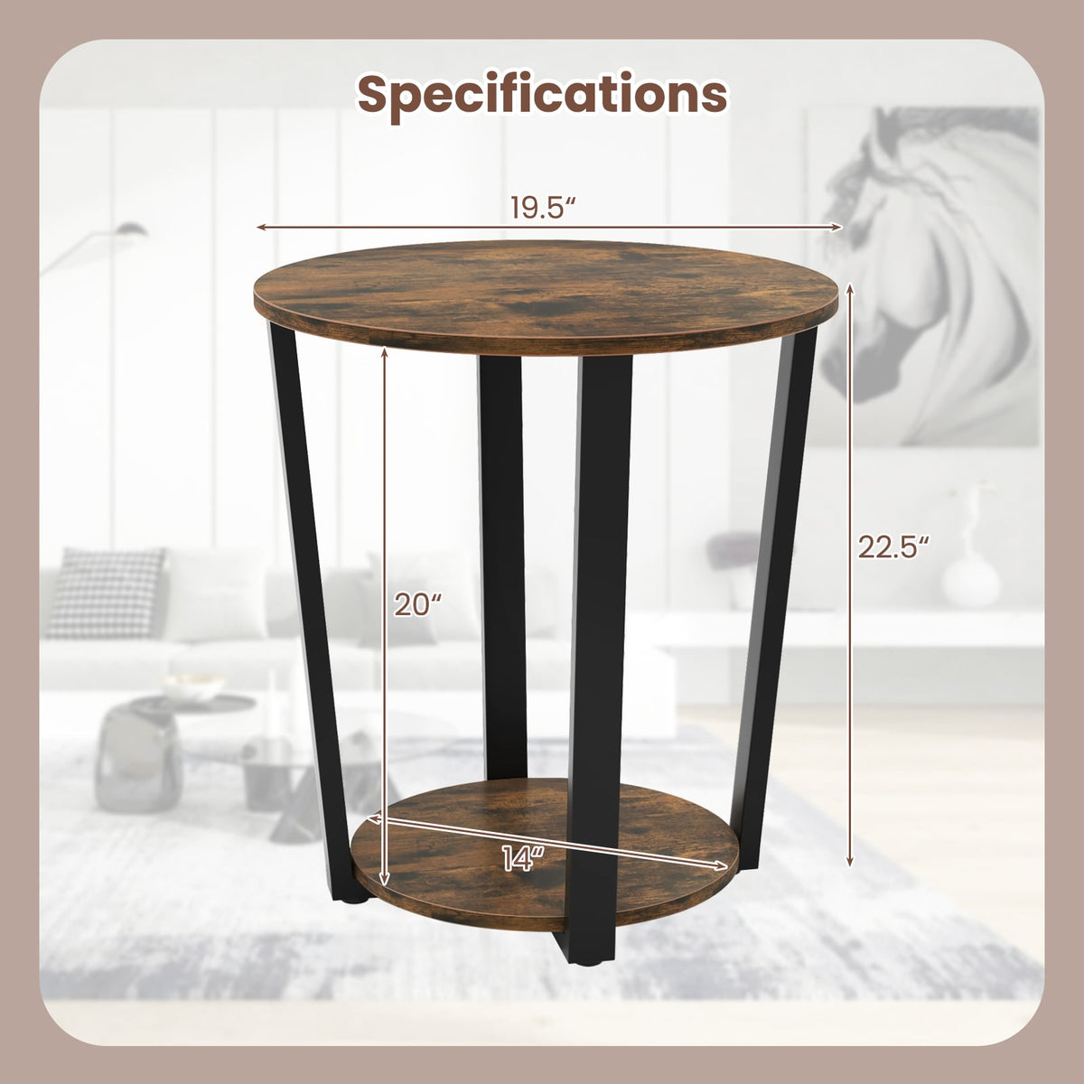 2-Tier Round End Table with Storage Shelf and Metal Frame-Brown-End & Side Tables-DECOROLALA