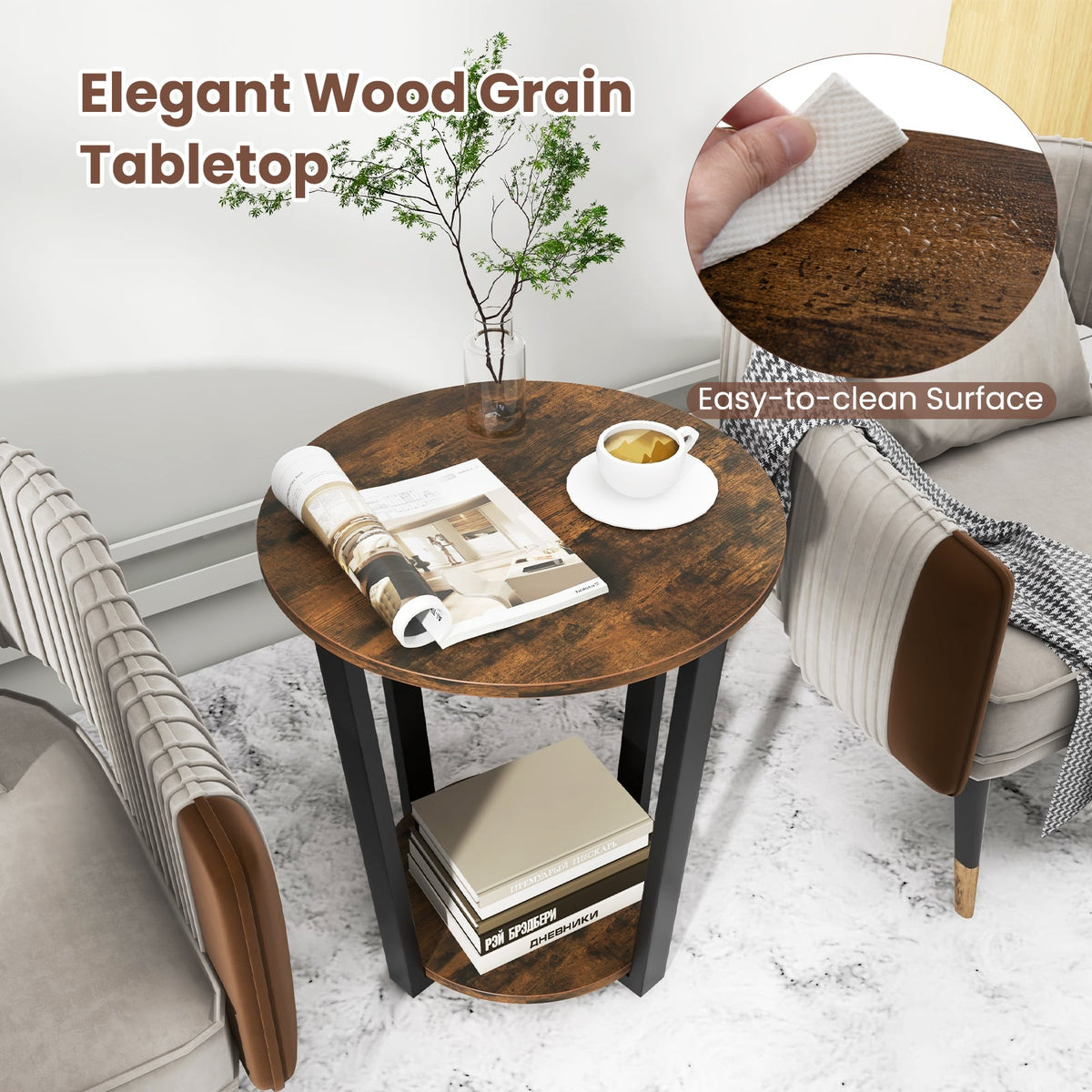 2-Tier Round End Table with Storage Shelf and Metal Frame-Brown-End & Side Tables-DECOROLALA