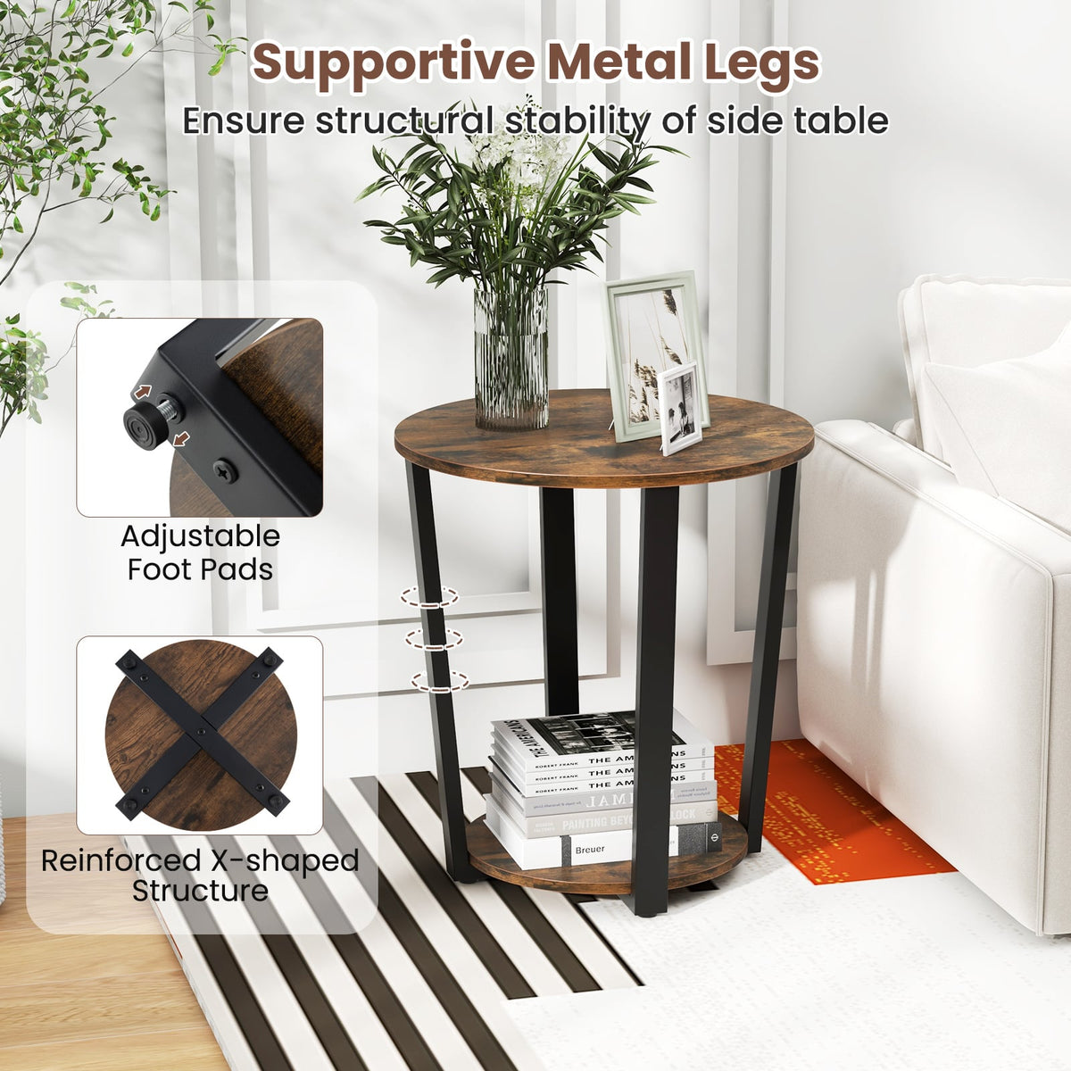 2-Tier Round End Table with Storage Shelf and Metal Frame-Brown-End & Side Tables-DECOROLALA