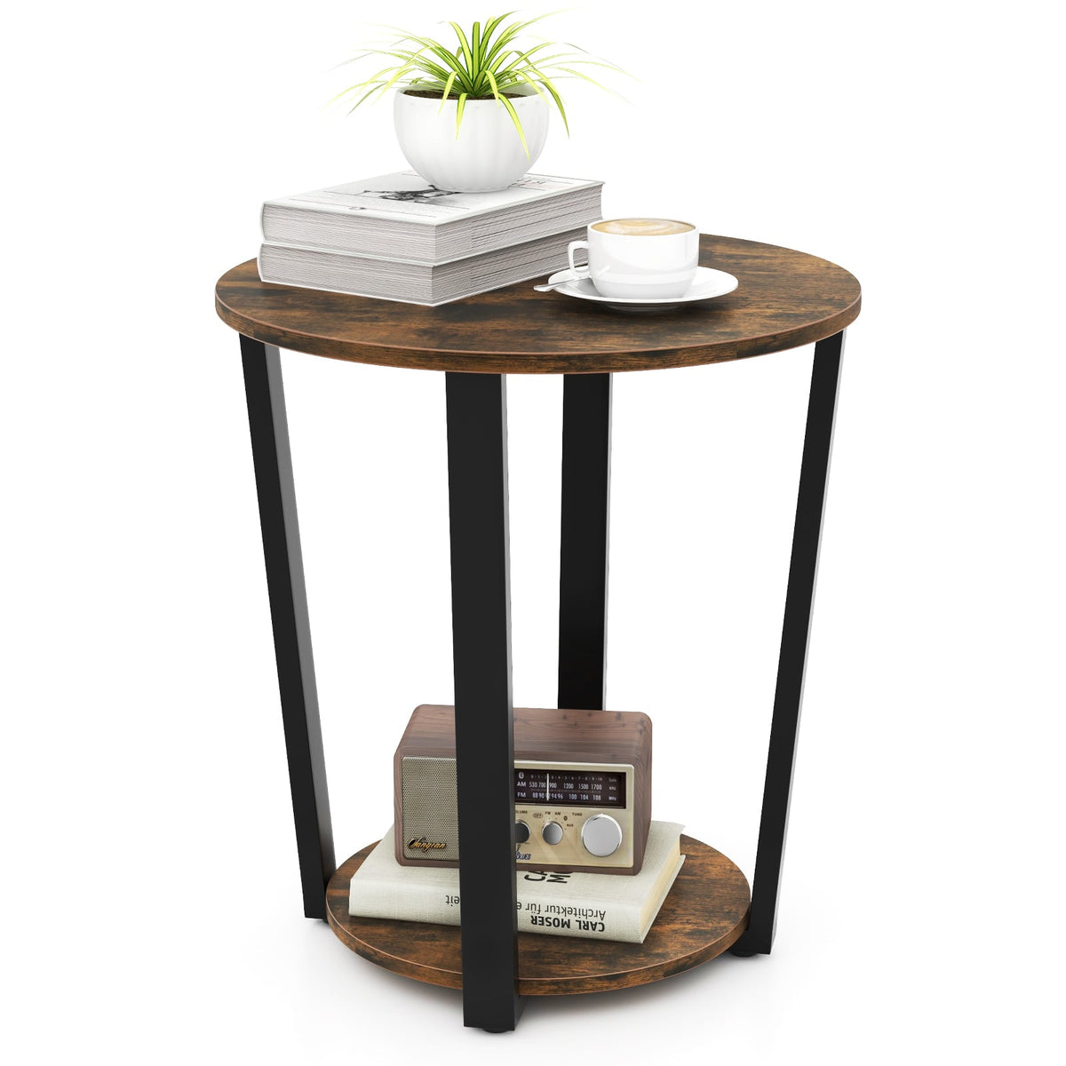 2-Tier Round End Table with Storage Shelf and Metal Frame-Brown-End & Side Tables-DECOROLALA