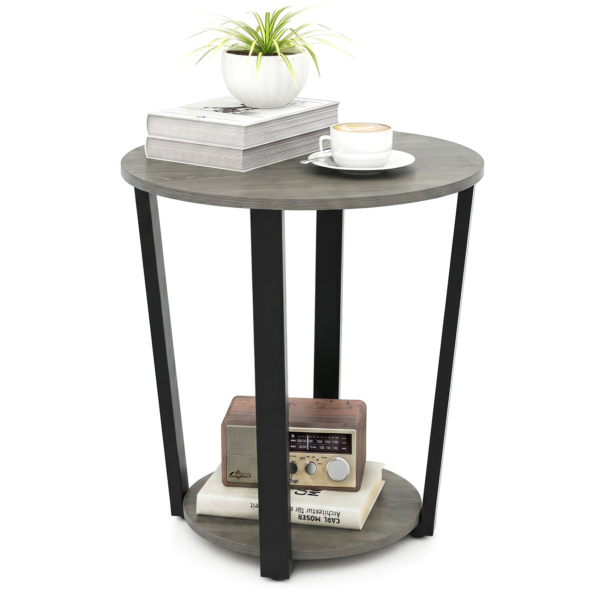 2-Tier Round End Table with Storage Shelf and Metal Frame-Oak-End & Side Tables-DECOROLALA