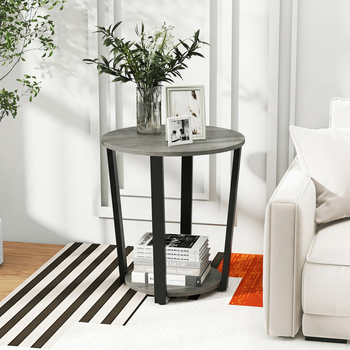 2-Tier Round End Table with Storage Shelf and Metal Frame-Oak-End & Side Tables-DECOROLALA