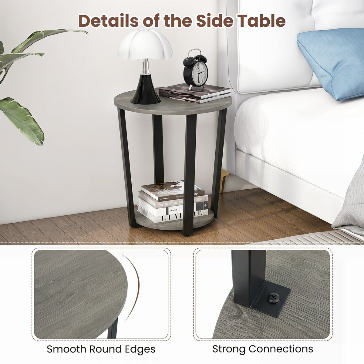 2-Tier Round End Table with Storage Shelf and Metal Frame-Oak-End & Side Tables-DECOROLALA