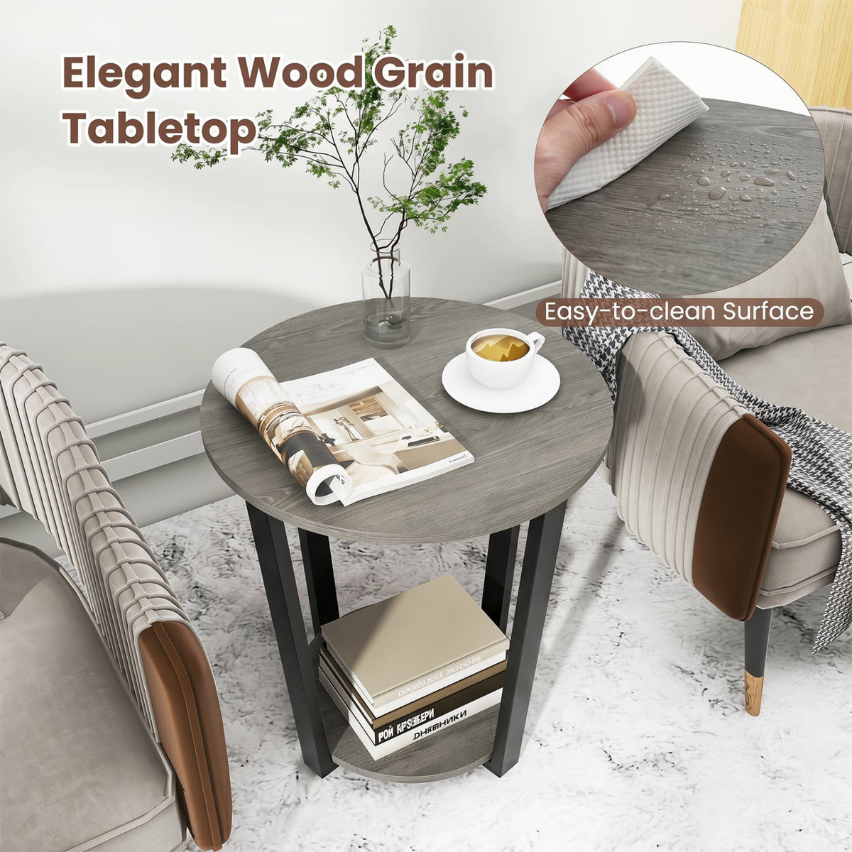 2-Tier Round End Table with Storage Shelf and Metal Frame-Oak-End & Side Tables-DECOROLALA