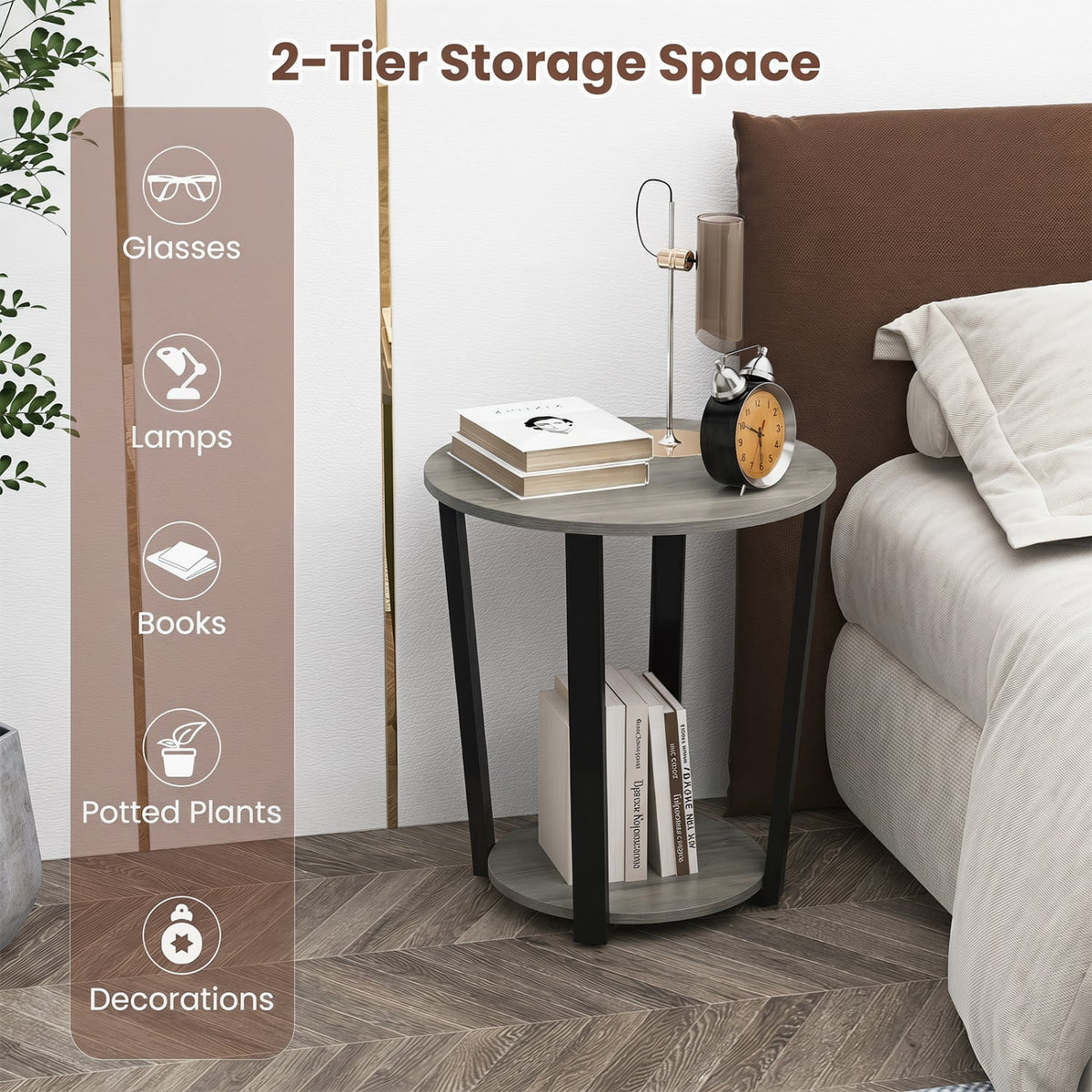 2-Tier Round End Table with Storage Shelf and Metal Frame-Oak-End & Side Tables-DECOROLALA