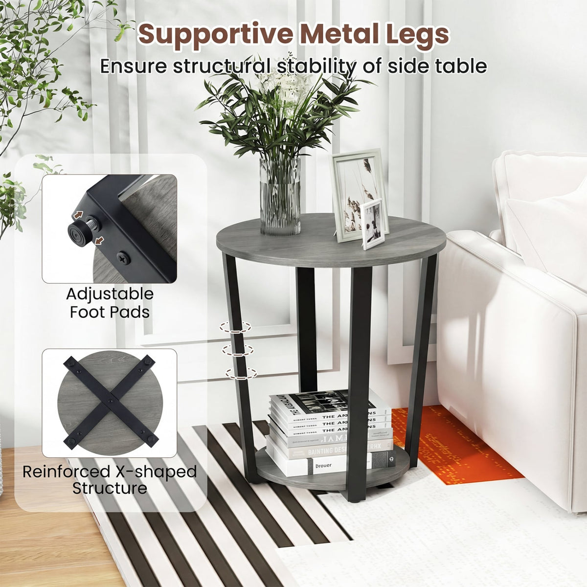 2-Tier Round End Table with Storage Shelf and Metal Frame-Oak-End & Side Tables-DECOROLALA