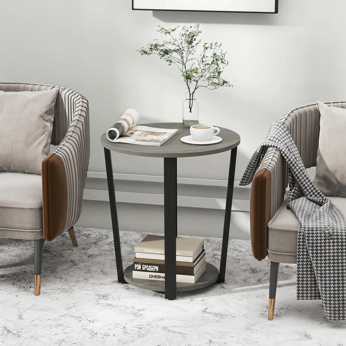 2-Tier Round End Table with Storage Shelf and Metal Frame-Oak-End & Side Tables-DECOROLALA