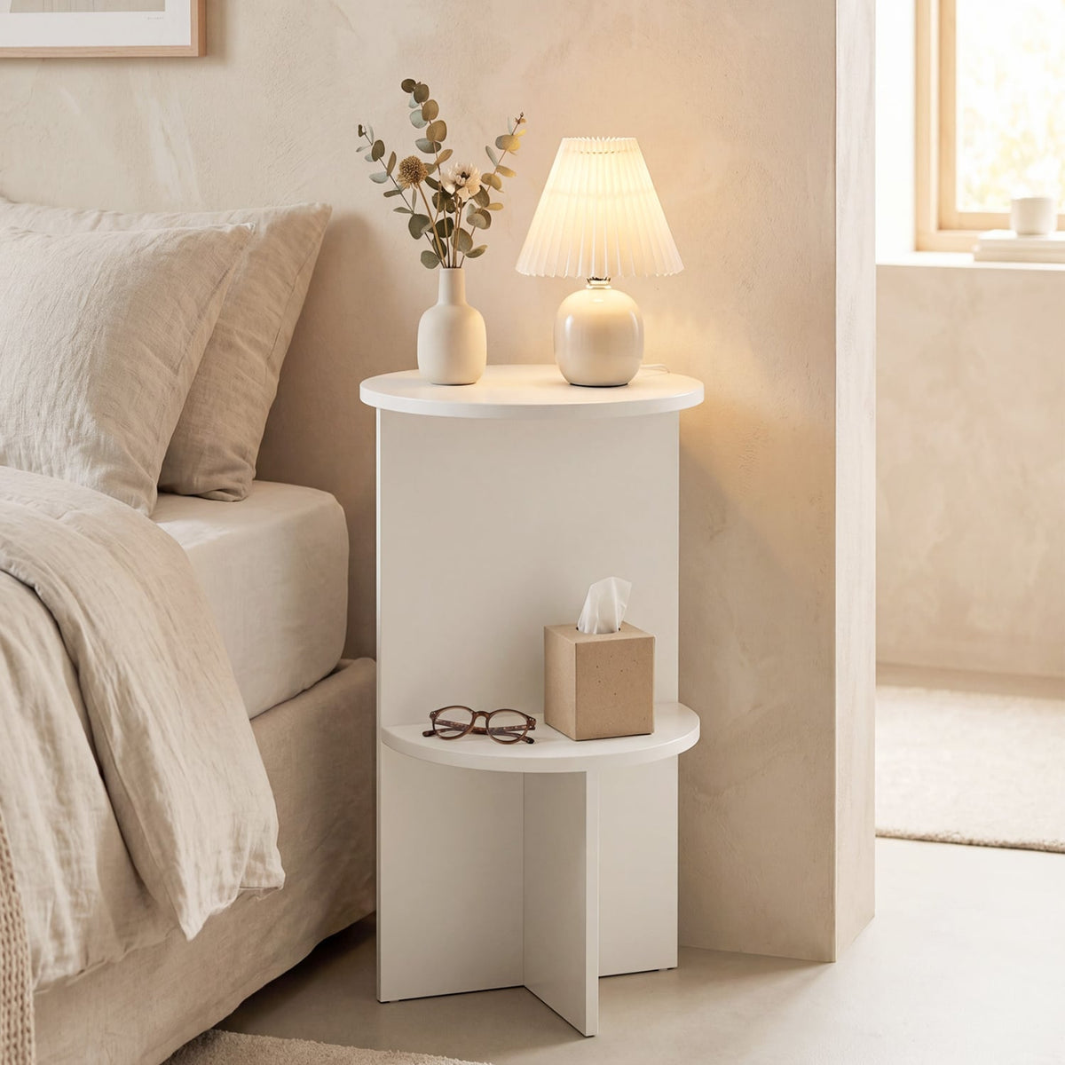2-Tier Round Side Table with Storage Shelf for Small Space-White-End & Side Tables-DECOROLALA