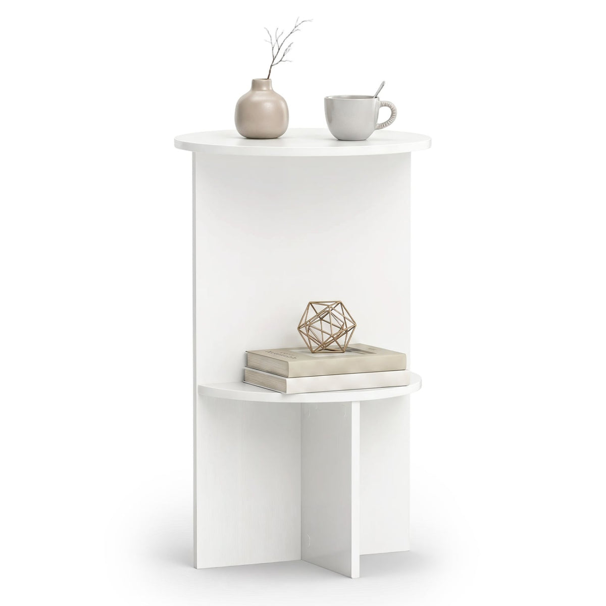 2-Tier Round Side Table with Storage Shelf for Small Space-White-End & Side Tables-DECOROLALA