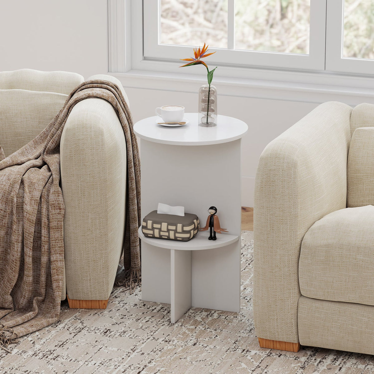 2-Tier Round Side Table with Storage Shelf for Small Space-White-End & Side Tables-DECOROLALA