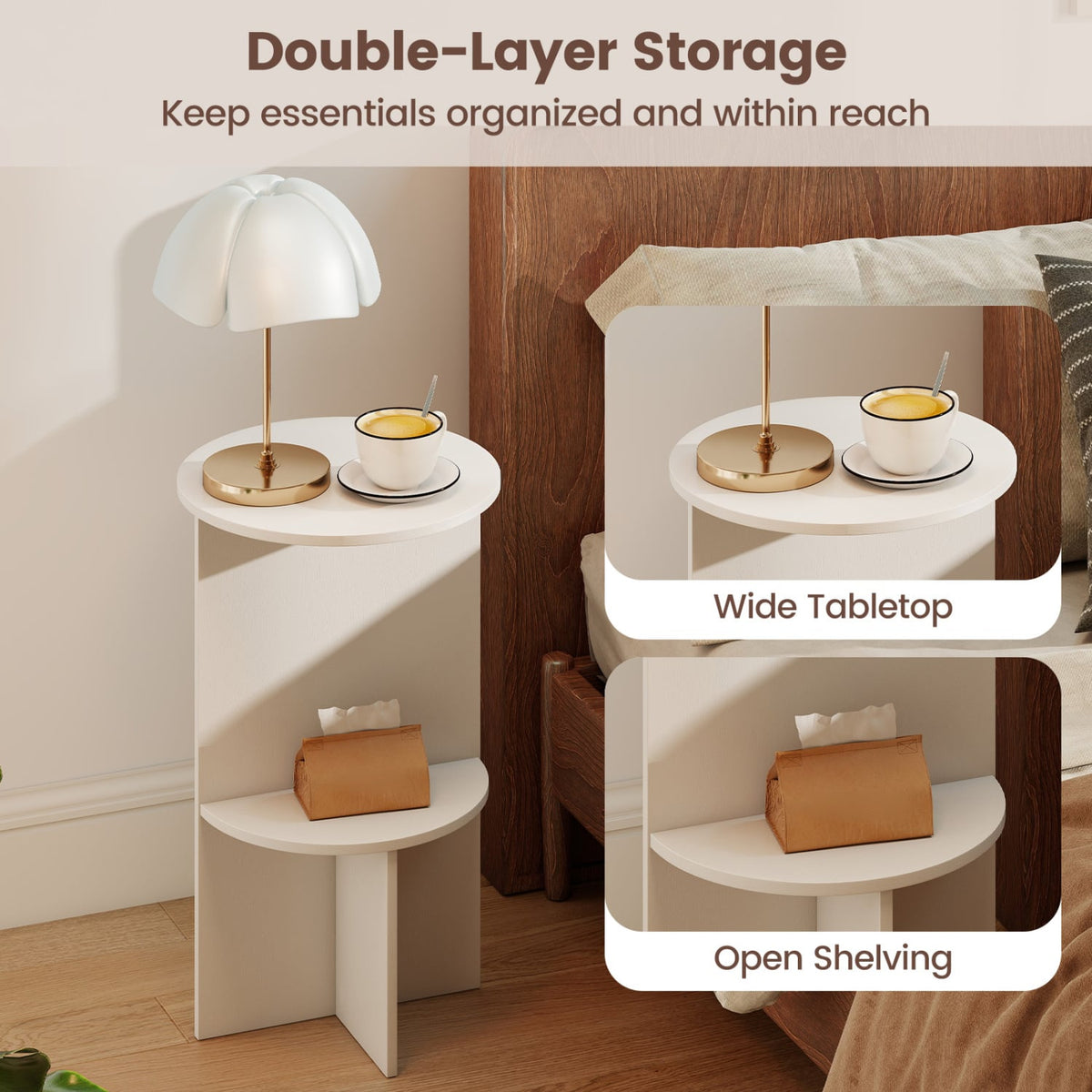2-Tier Round Side Table with Storage Shelf for Small Space-White-End & Side Tables-DECOROLALA
