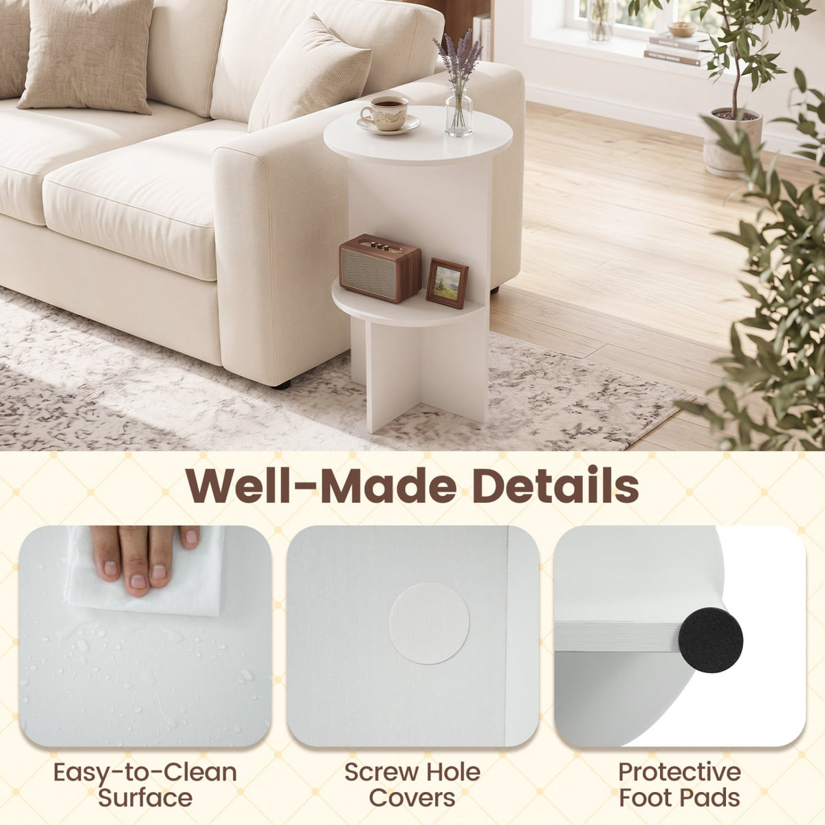 2-Tier Round Side Table with Storage Shelf for Small Space-White-End & Side Tables-DECOROLALA