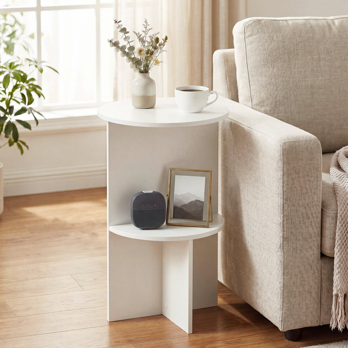 2-Tier Round Side Table with Storage Shelf for Small Space-White-End & Side Tables-DECOROLALA