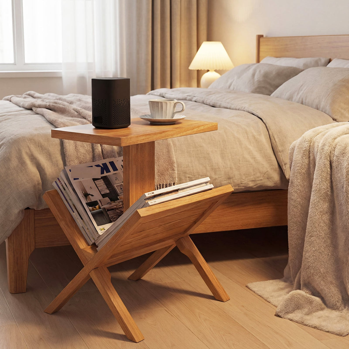 2-Tier Side Table Magazine Rack with Teak Wood Frame-End & Side Tables-DECOROLALA