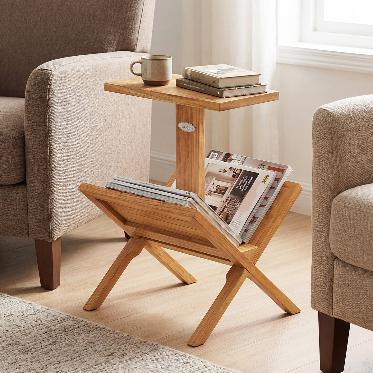 2-Tier Side Table Magazine Rack with Teak Wood Frame-End & Side Tables-DECOROLALA