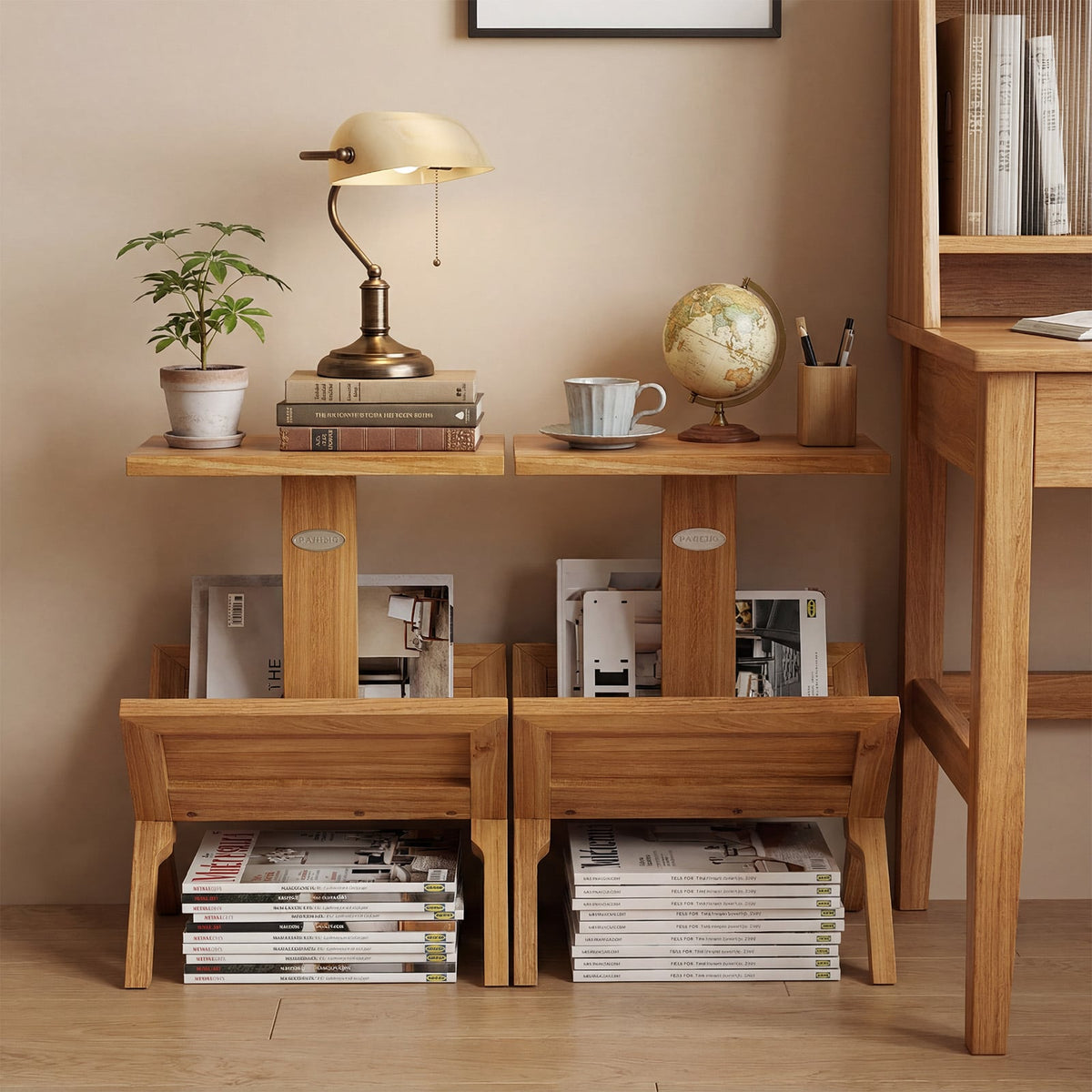 2-Tier Side Table Magazine Rack with Teak Wood Frame-End & Side Tables-DECOROLALA