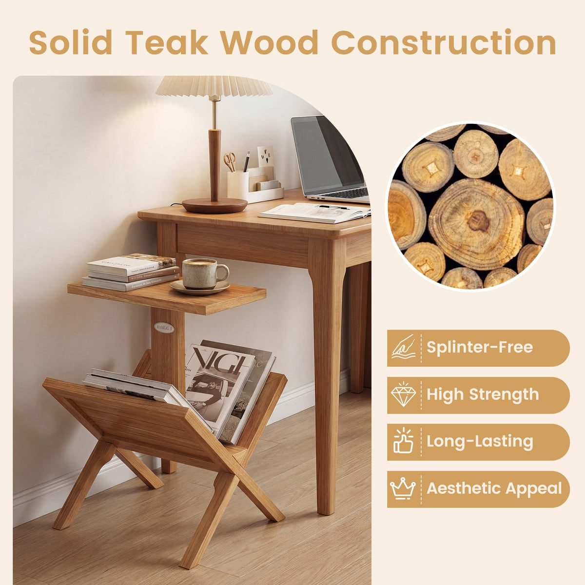 2-Tier Side Table Magazine Rack with Teak Wood Frame-End & Side Tables-DECOROLALA