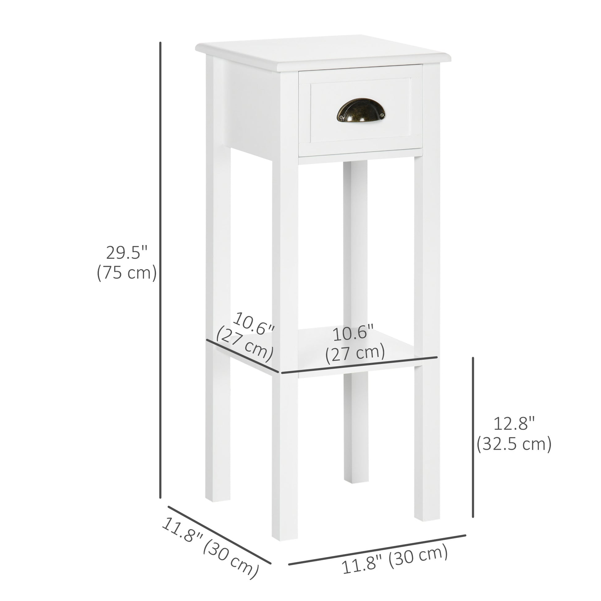 2 Tier Side Table, Set of 2, Narrow Tall End Table with Drawer and Shelf, Slim Wooden Nightstand for Living Room, Bedroom, Hallway, White-Home Furnishings > Living Room Furniture > Side¬†Tables-DECOROLALA