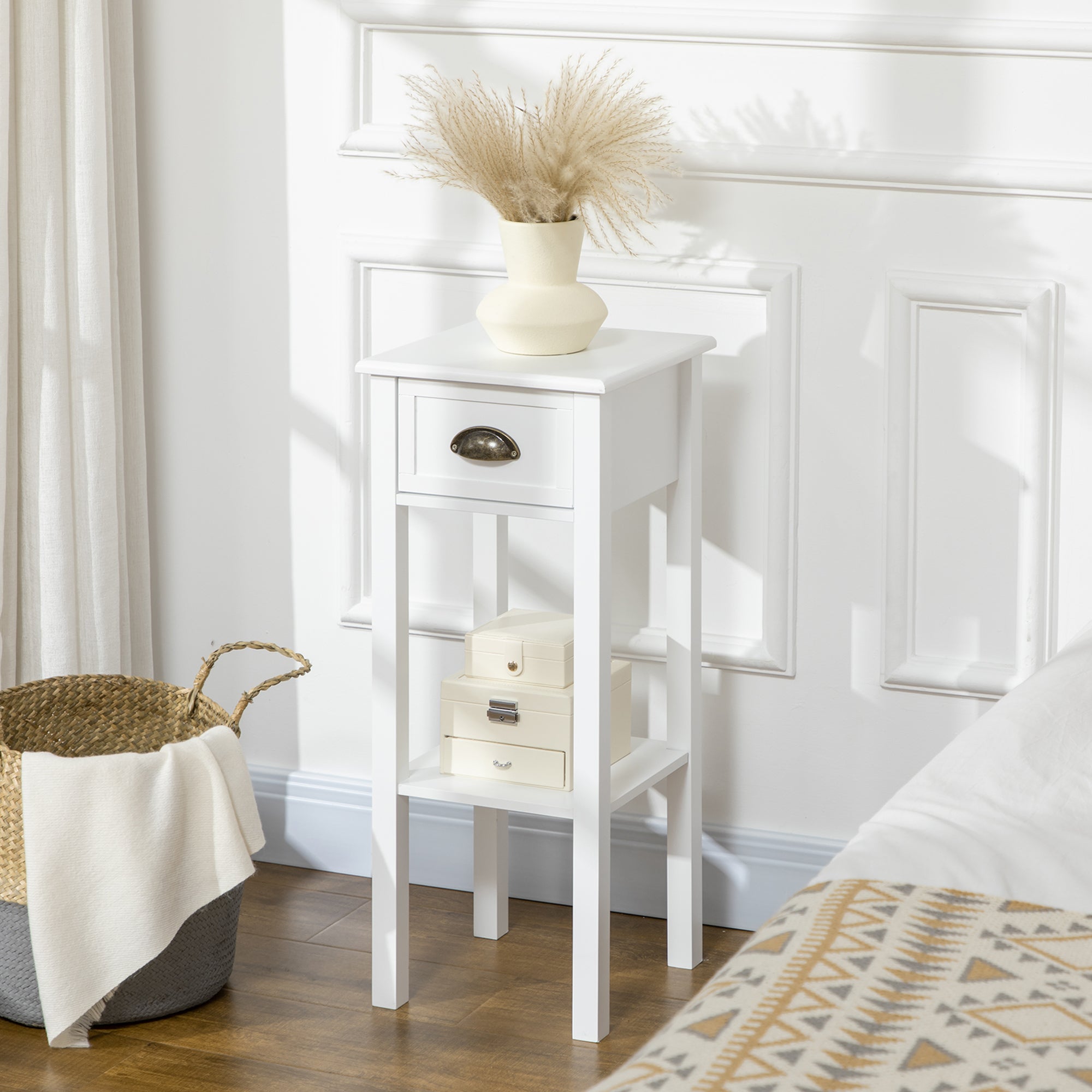 2 Tier Side Table, Set of 2, Narrow Tall End Table with Drawer and Shelf, Slim Wooden Nightstand for Living Room, Bedroom, Hallway, White-Home Furnishings > Living Room Furniture > Side¬†Tables-DECOROLALA