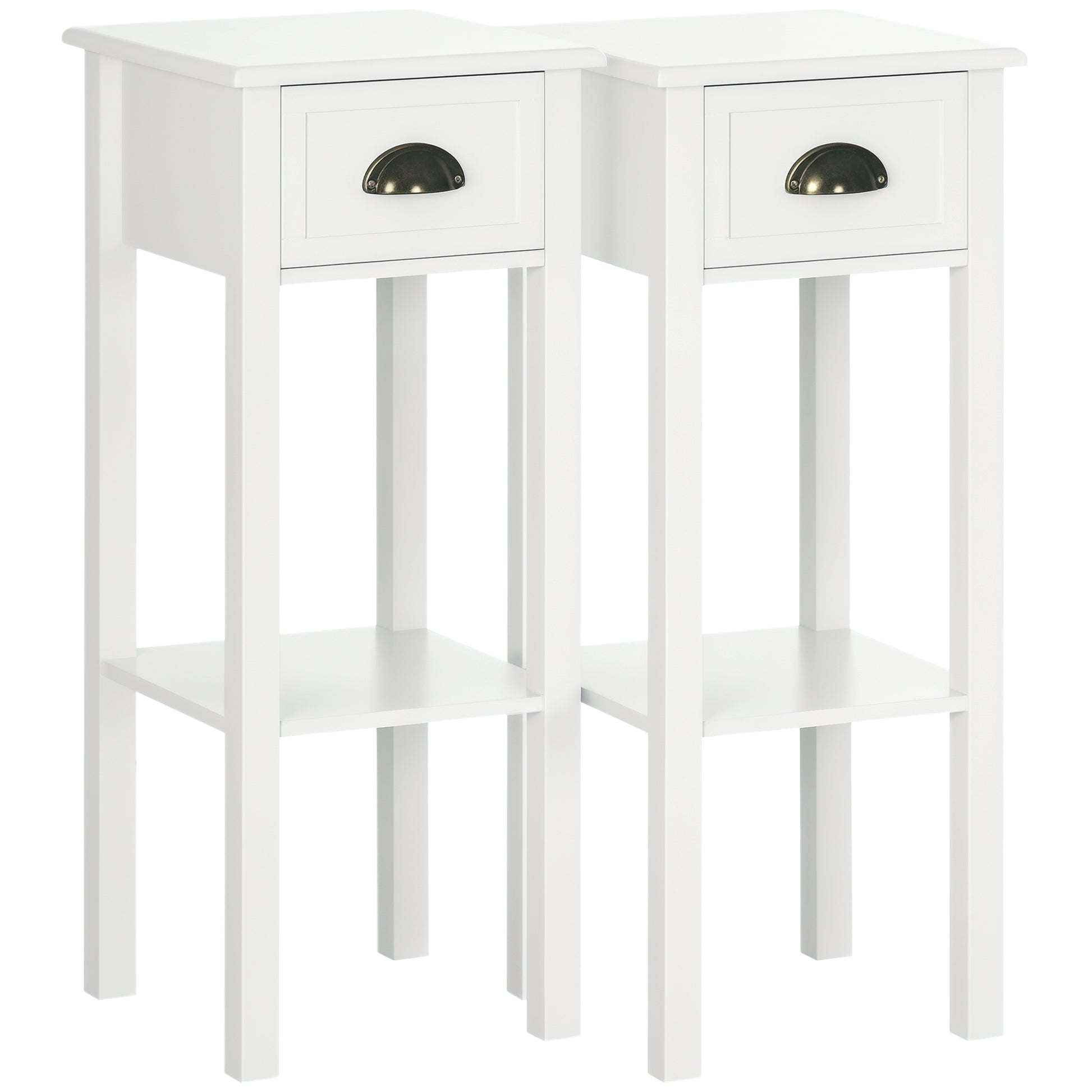 2 Tier Side Table, Set of 2, Narrow Tall End Table with Drawer and Shelf, Slim Wooden Nightstand for Living Room, Bedroom, Hallway, White-Home Furnishings > Living Room Furniture > Side¬†Tables-DECOROLALA