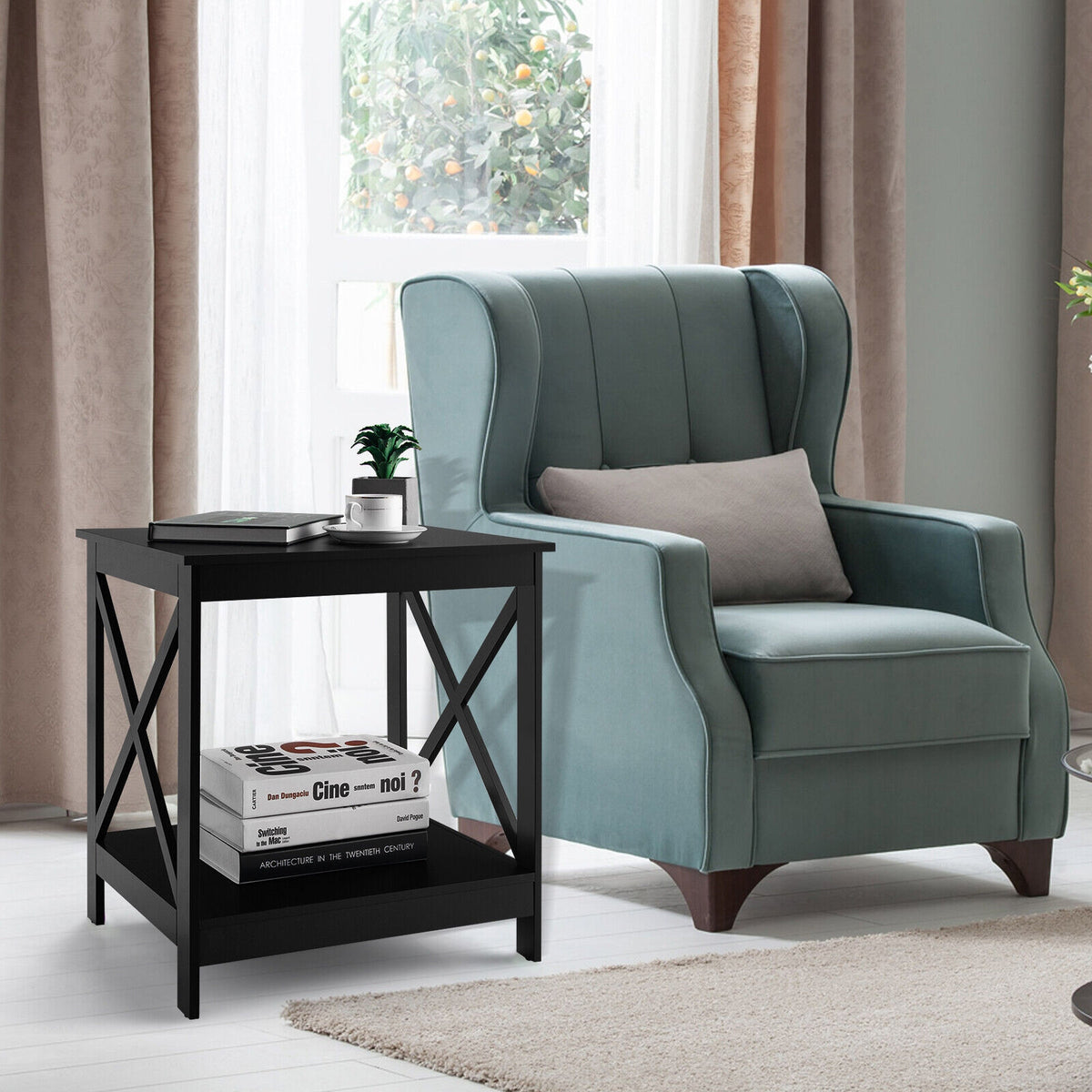 2-Tier Side Table with X-shape Design and 4 Solid Legs-Black-End & Side Tables-DECOROLALA