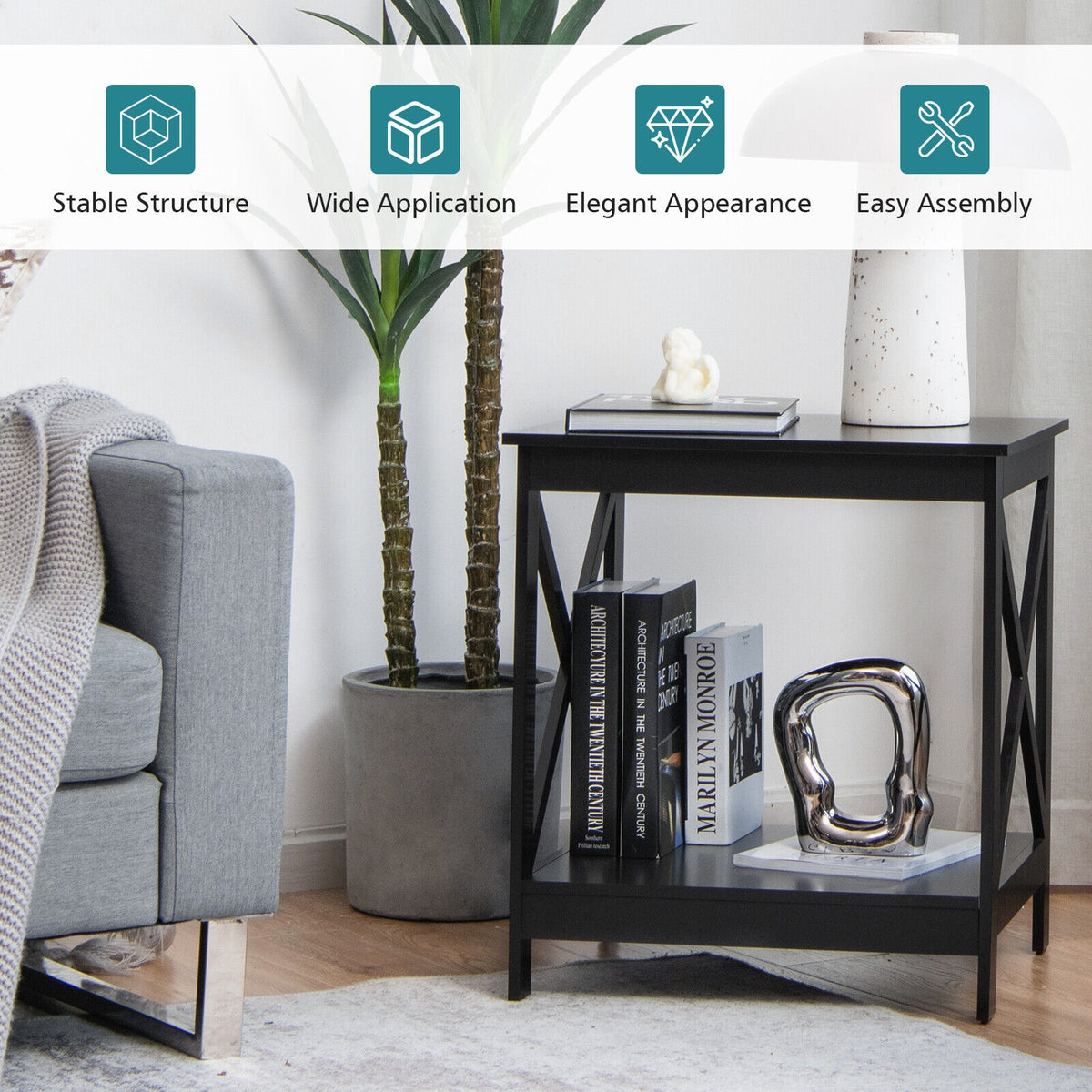 2-Tier Side Table with X-shape Design and 4 Solid Legs-Black-End & Side Tables-DECOROLALA