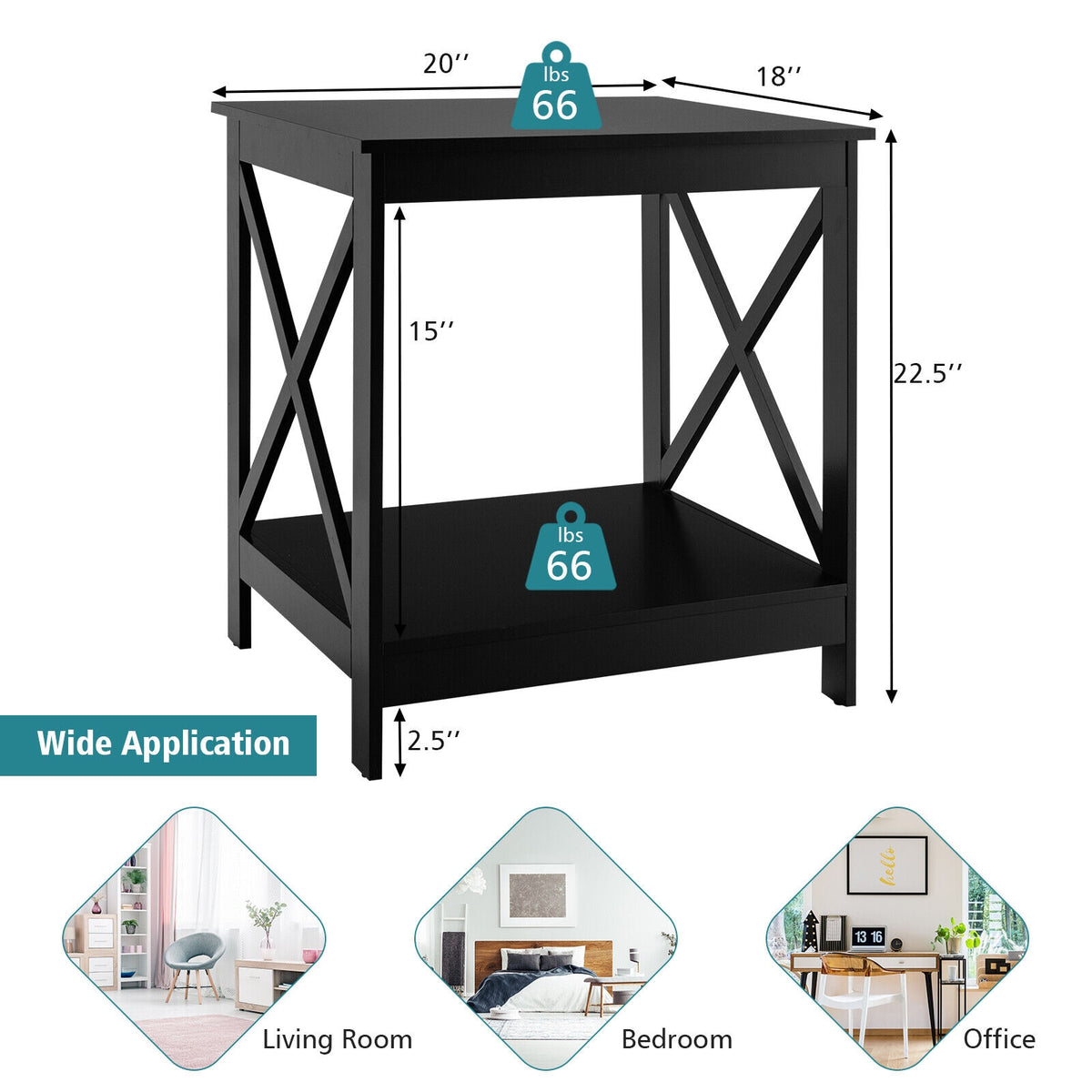2-Tier Side Table with X-shape Design and 4 Solid Legs-Black-End & Side Tables-DECOROLALA