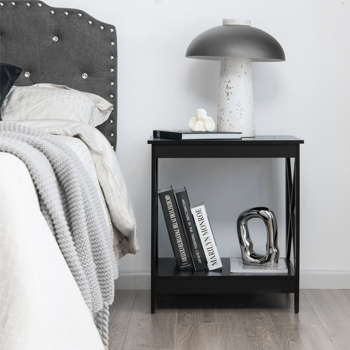 2-Tier Side Table with X-shape Design and 4 Solid Legs-Black-End & Side Tables-DECOROLALA